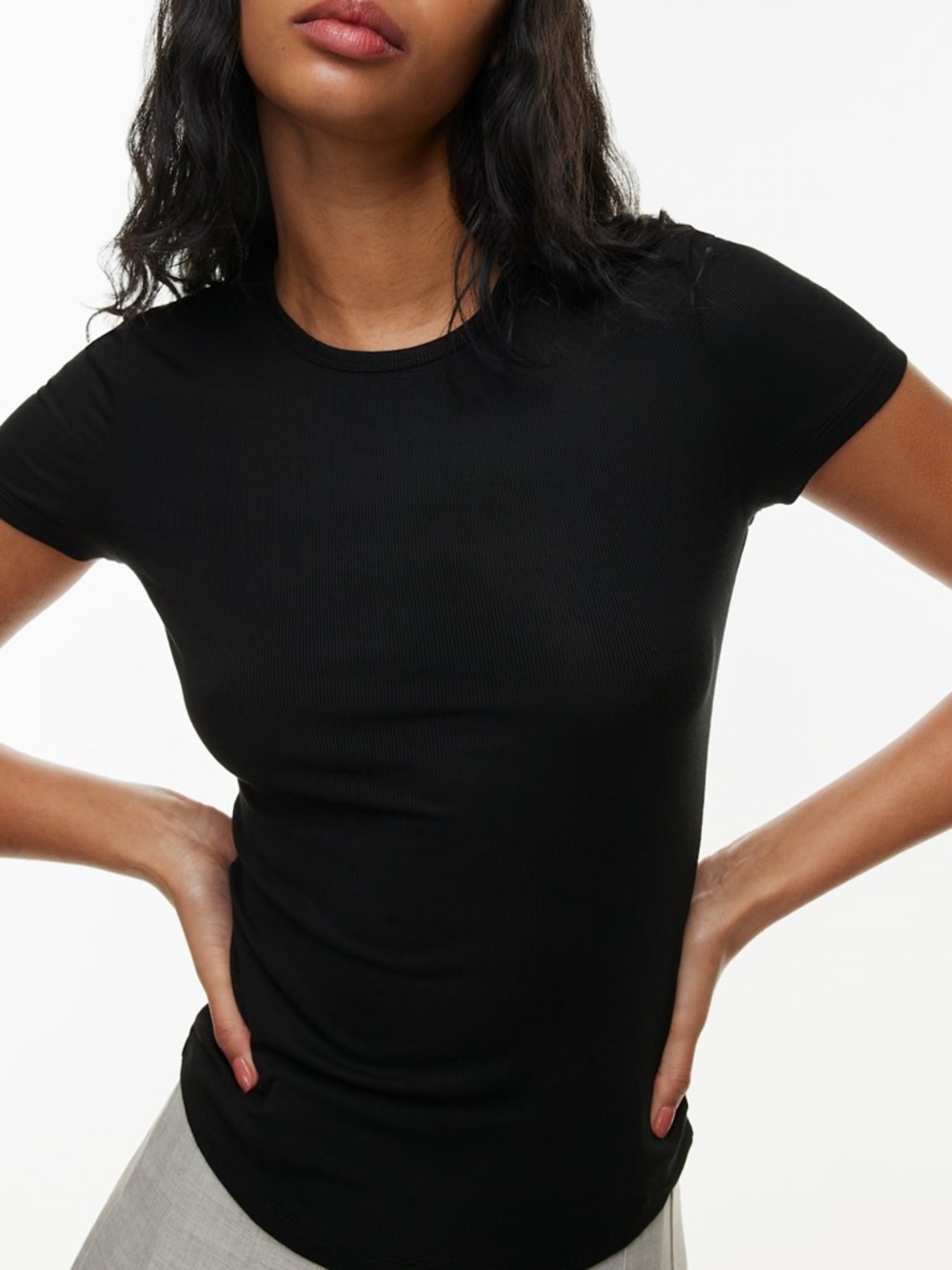 Aritzia Sunday Best Black Ribbed Crewneck Short Sleeve Tee in Black Sz XXS